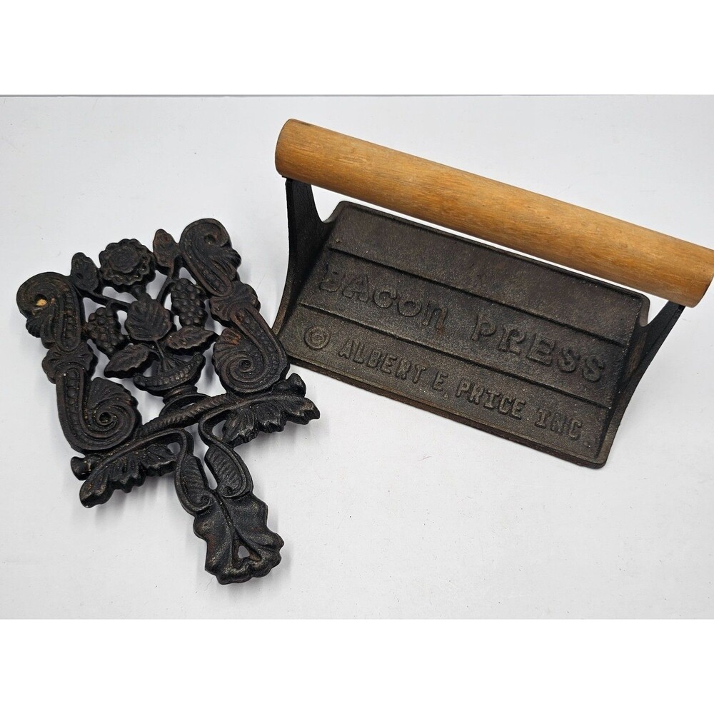 Vintage Cast Iron Bacon Press Wood Handle and Floral Trivet Lot Country Kitchen